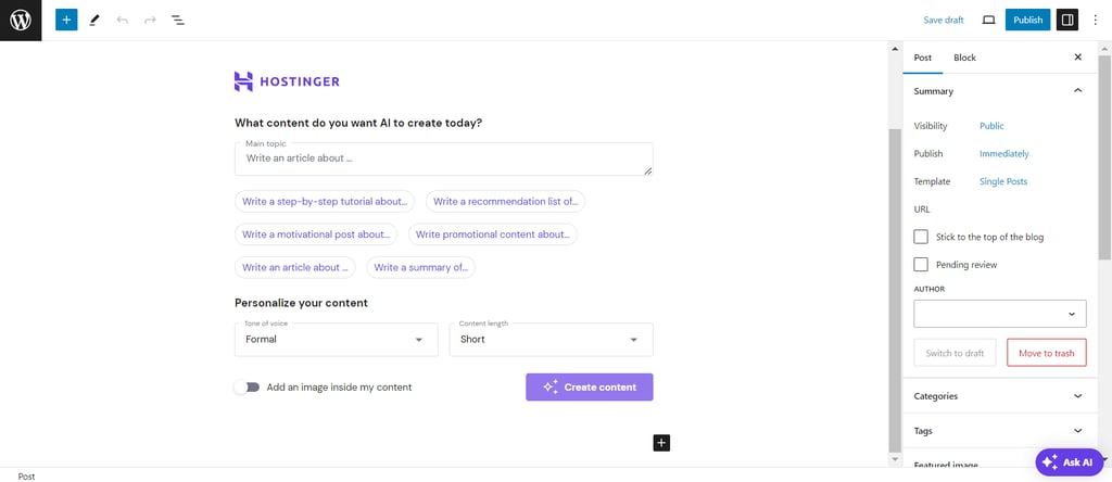 The Hostinger AI Content Creator block on WordPress post editor interface
