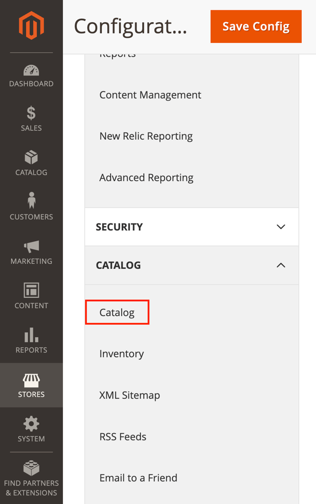 The Catalog menu in Magento