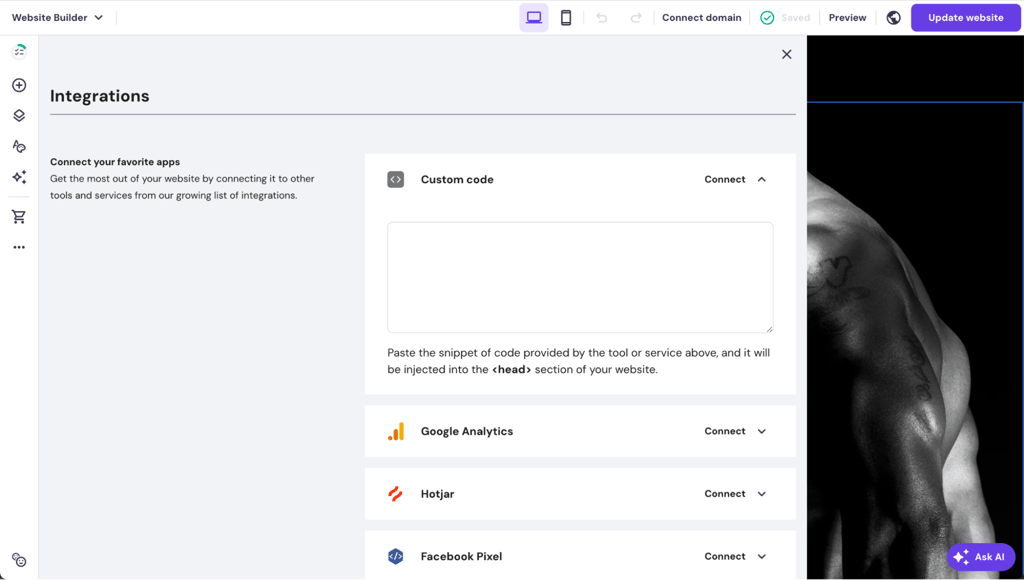 Integrations settings in Hostinger Website Builder