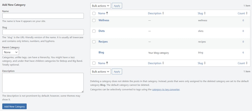 The Categories section in the WordPress dashboard