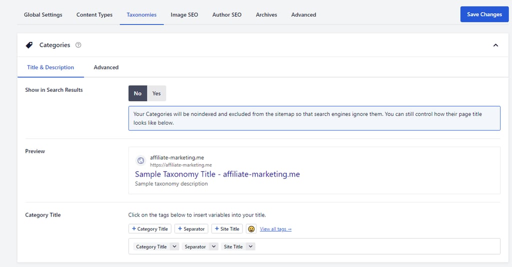 The Taxonomies tab in the AIOSEO settings
