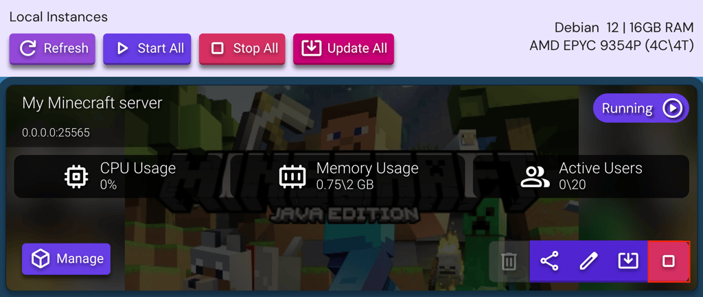 The Stop Instance button in Game Panel
