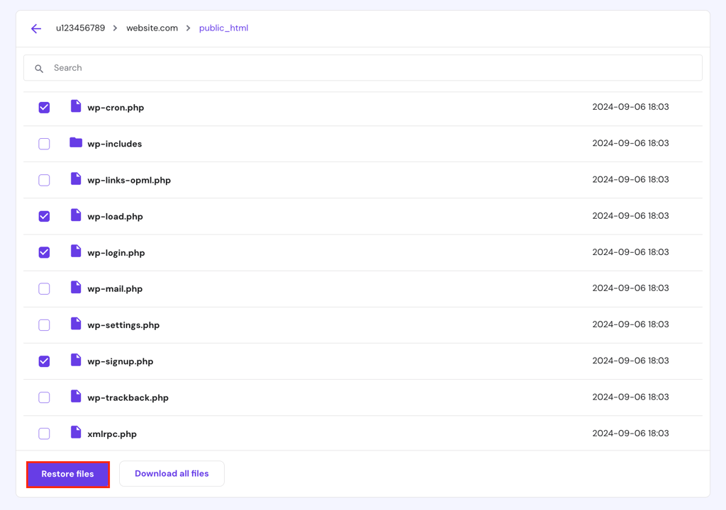 The Restore files button in hPanel