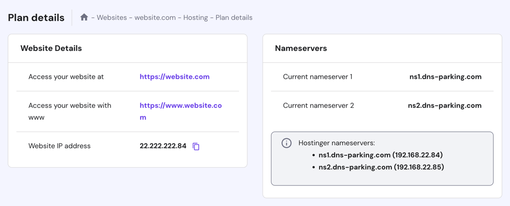 The Website IP address and Current nameserver information in hPanel