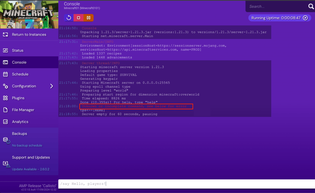 Monitoring performance in the Minecraft server console