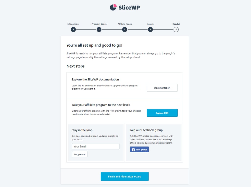The finish page of SliceWP's initial setup wizard