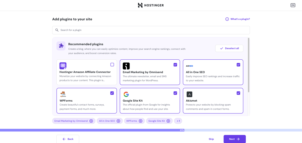 Hostinger WordPress onboarding, prompting user to add plugins