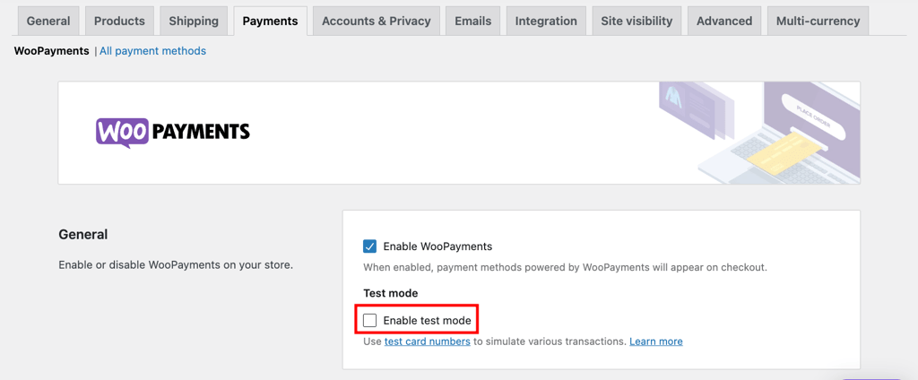 Locating WooPayments' test mode in WooCommerce