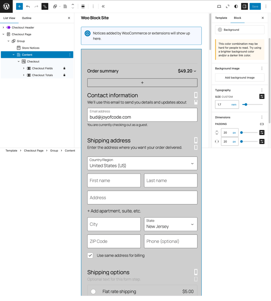 Customizing the checkout template using Gutenberg