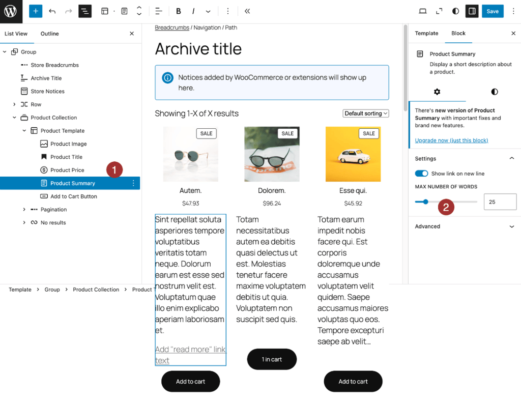 Editing the product catalog template using Gutenberg blocks