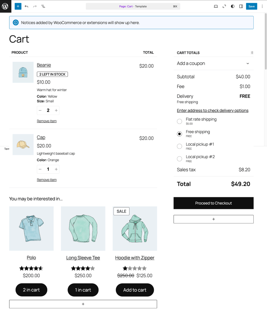 The cart template on the Gutenberg editor