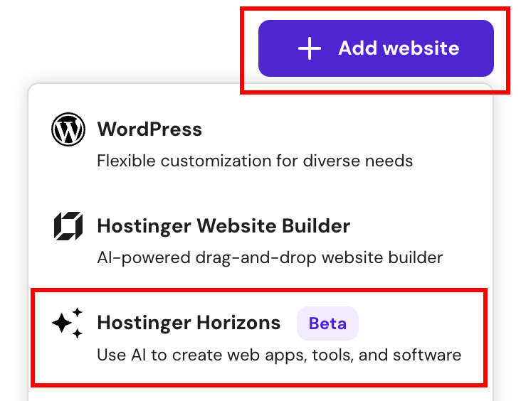 Section within hPanel for launching Hostinger Horizons