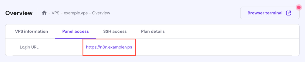The n8n login URL in hPanel's VPS