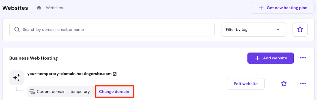 The change domain button on hPanel's website list
