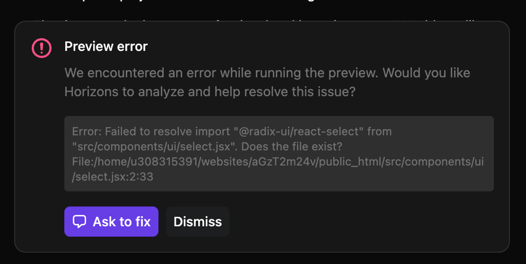 Preview error code in Horizons