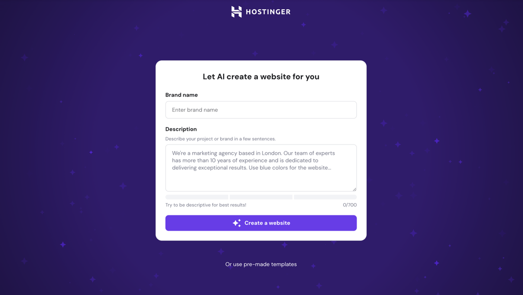 Initial prompt page for creating a website using Hostinger Website Builder