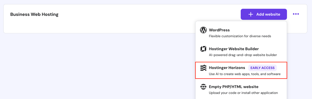 The Hostinger Horizons menu in hPanel