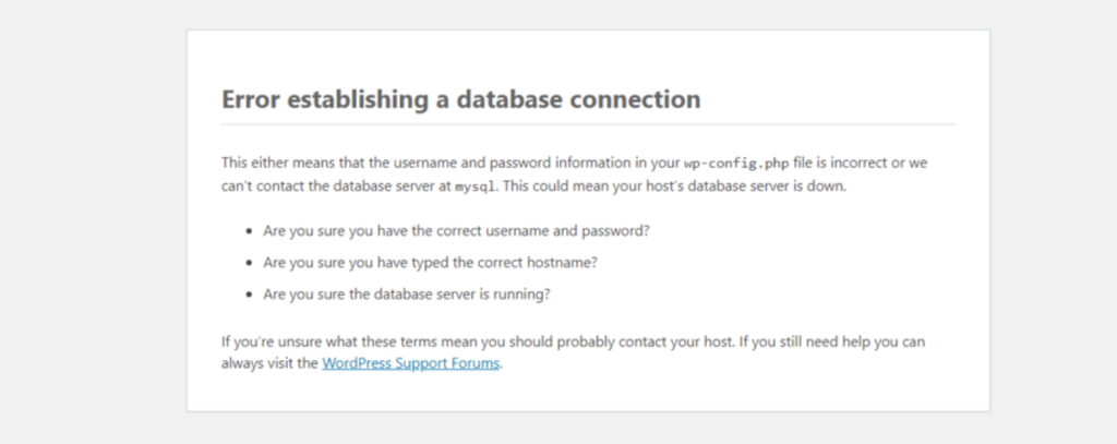 Screenshot of a WordPress “Error establishing a database connection” message with a list of potential causes displayed below.