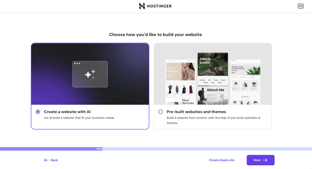 Create a website with AI option during Hostinger onboarding