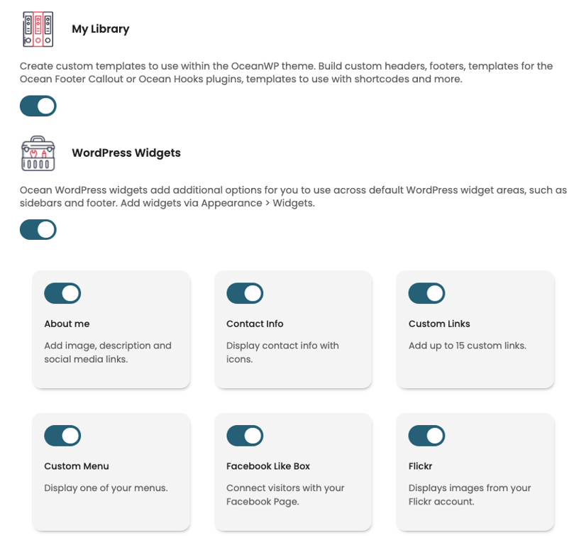 OceanWP panel, showing the Extra Settings tab