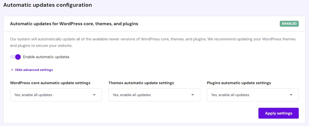 WordPress Enhanced Automatic Updates advanced settings