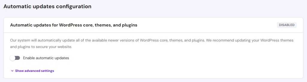 WordPress Enhanced Automatic Updates setting in hPanel