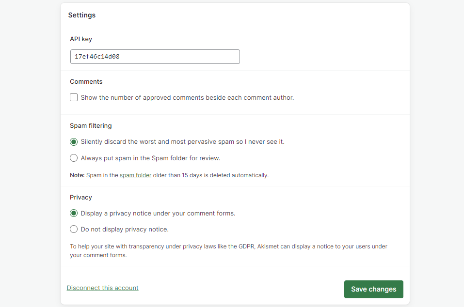 Akismet configuration page
