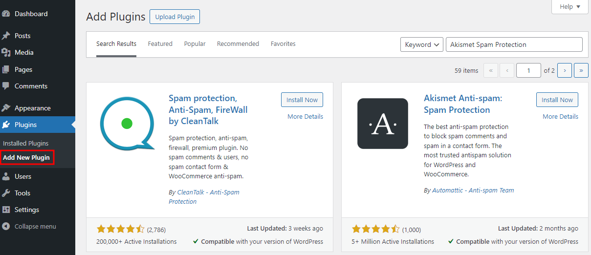 WordPress dashboard highlighting the Add New button