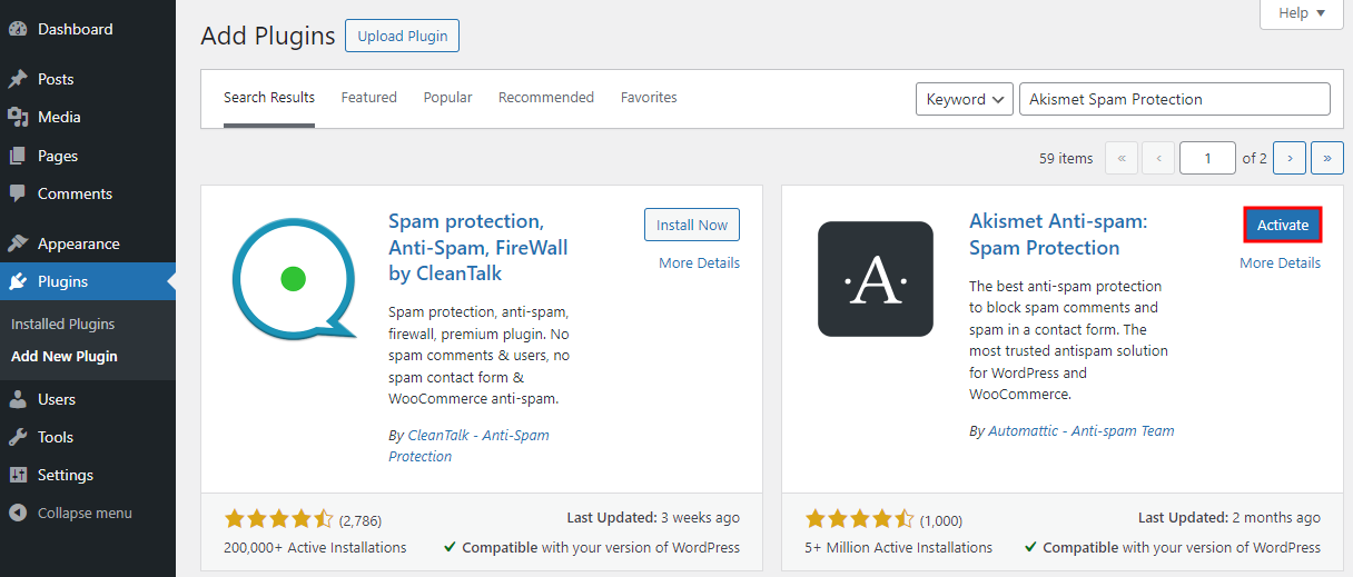 WordPress dashboard highlighting the plugins button