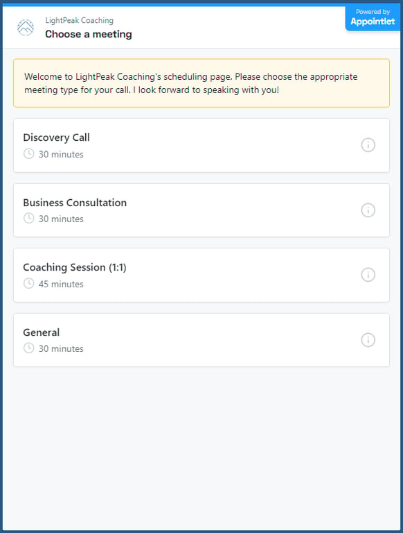 LightPeak Coaching website scheduling appointment feature