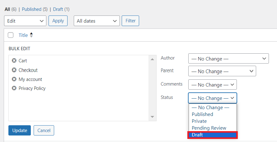 The Draft status is highlighted on the WordPress' bulk action interface.