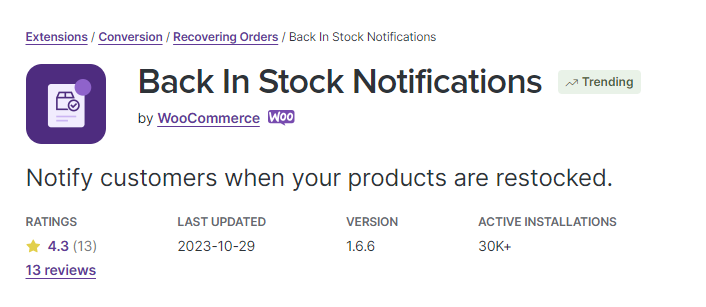 WooCommerce Back In Stock Notifications extension details