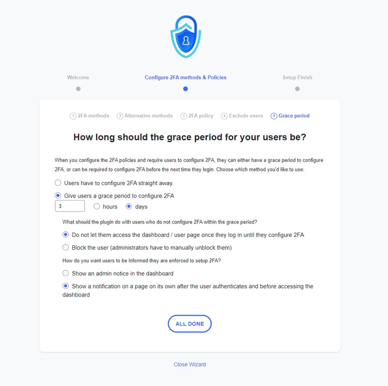 The options to set grace period for 2FA