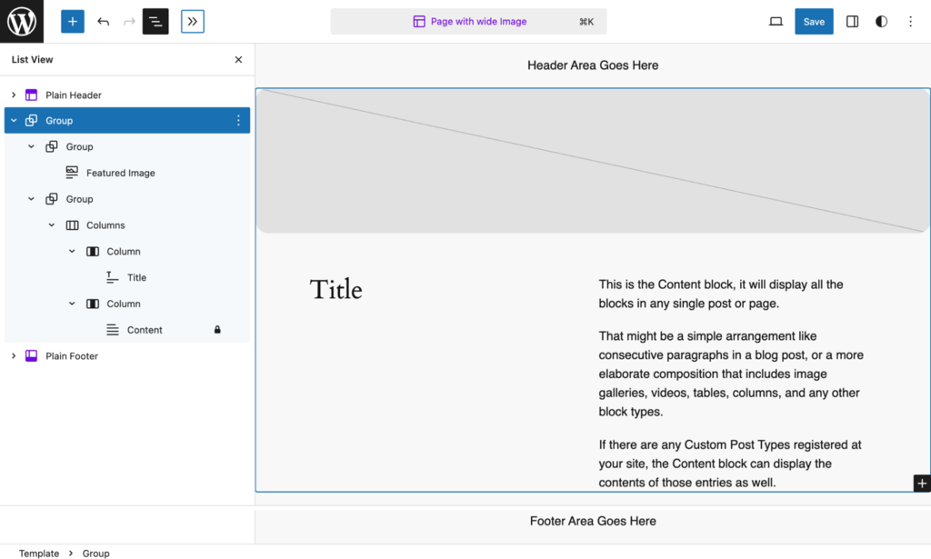 The page with wide image template in the block editor