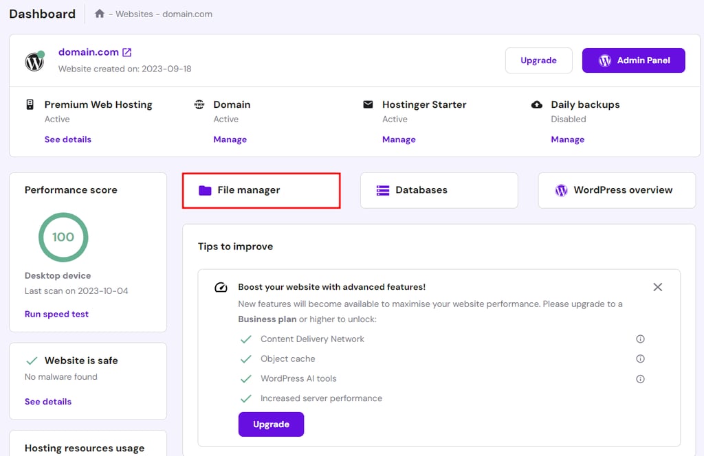 hPanel dashboard, highlighting the button to access File Manager