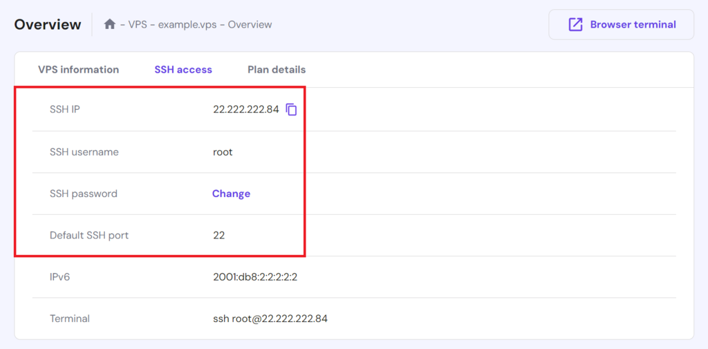Accessing the SSH access tab on hPanel