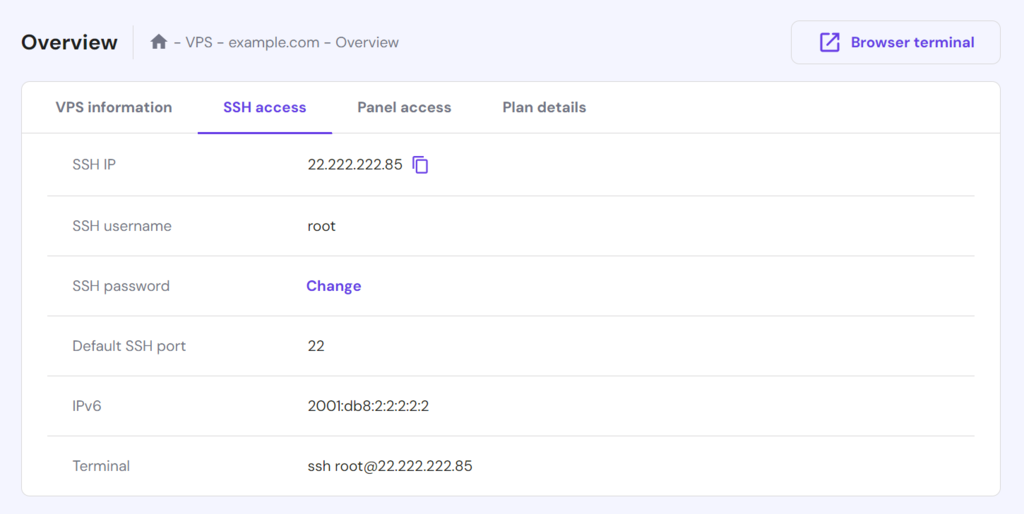 Checking the SSH details on the SSH access tab of hPanel