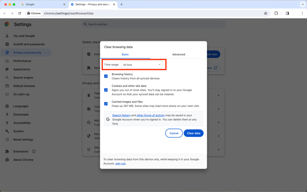 Time range highlighted in the Clear browsing data pop-up