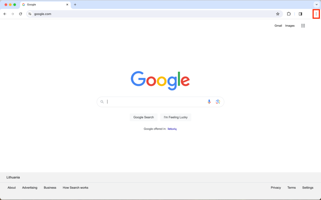 Three dotted menu icon highlighted in Google Chrome