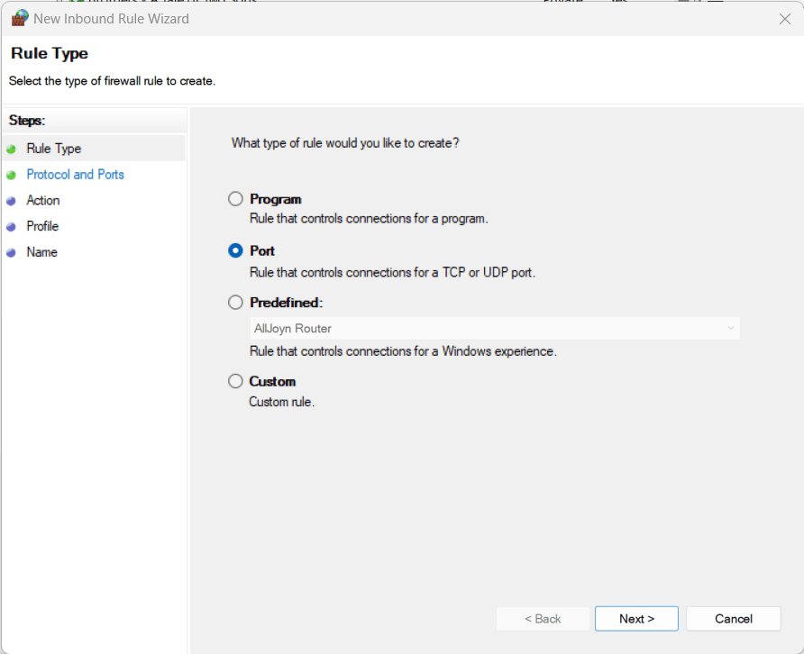 New Inbound Rule selection window with the Port option selected
