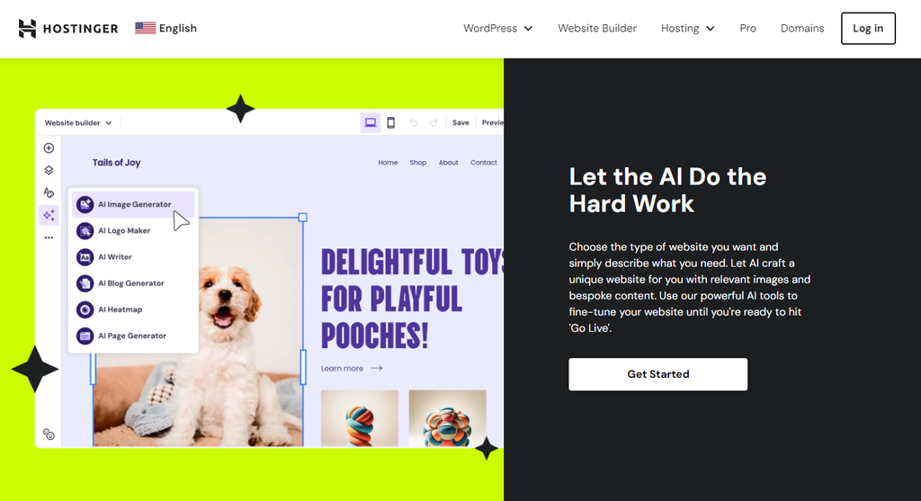 Hostinger Website Builder homepage's AI tools section