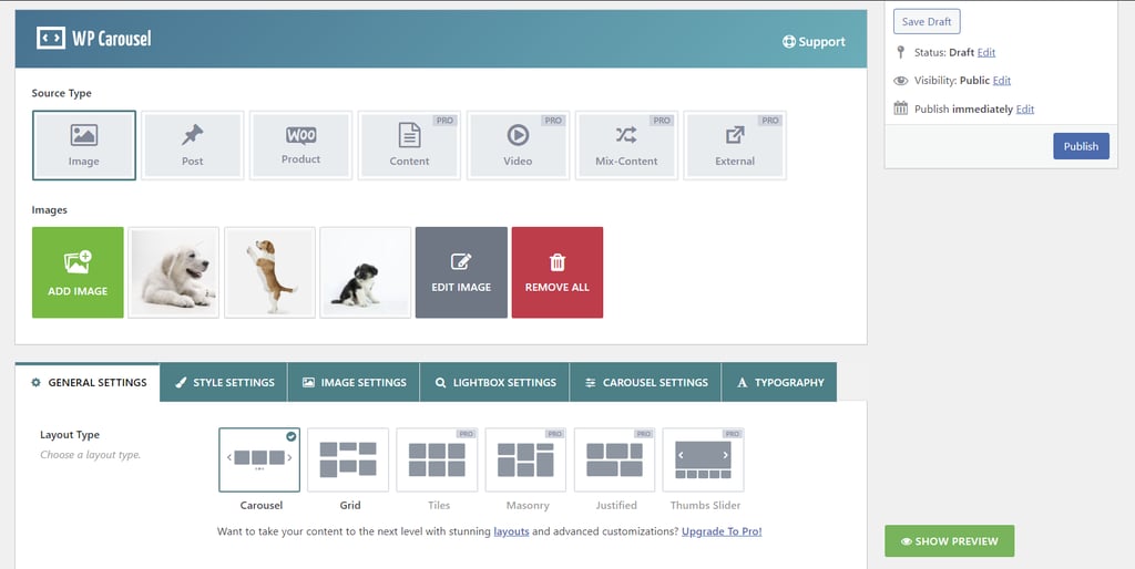 WP Carousel editor