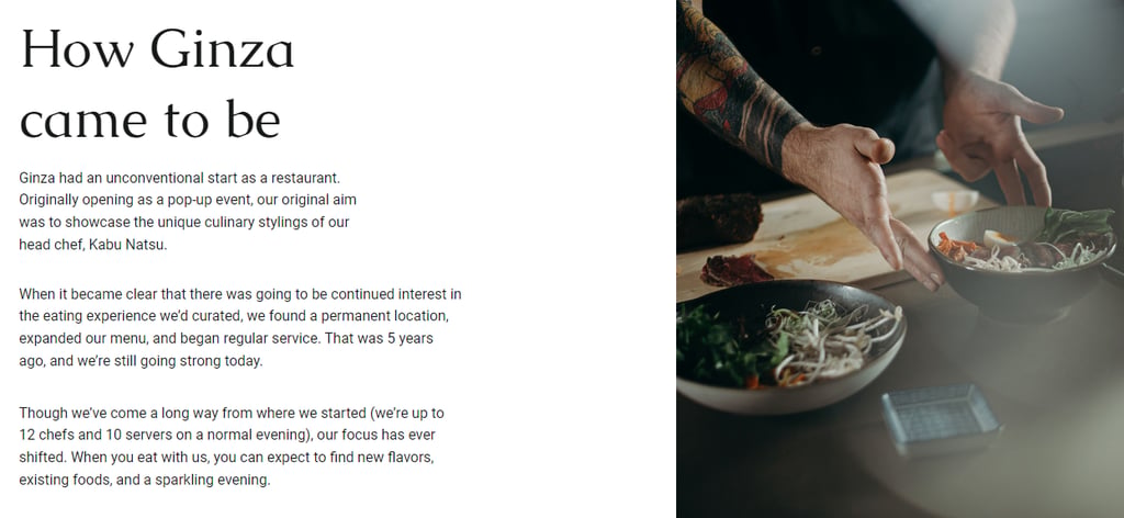 The Our Story page on Hostinger Website Builder's Ginza template
