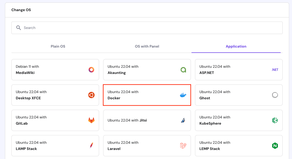 The Ubuntu 22.04 with Docker template on Hostinger's VPS