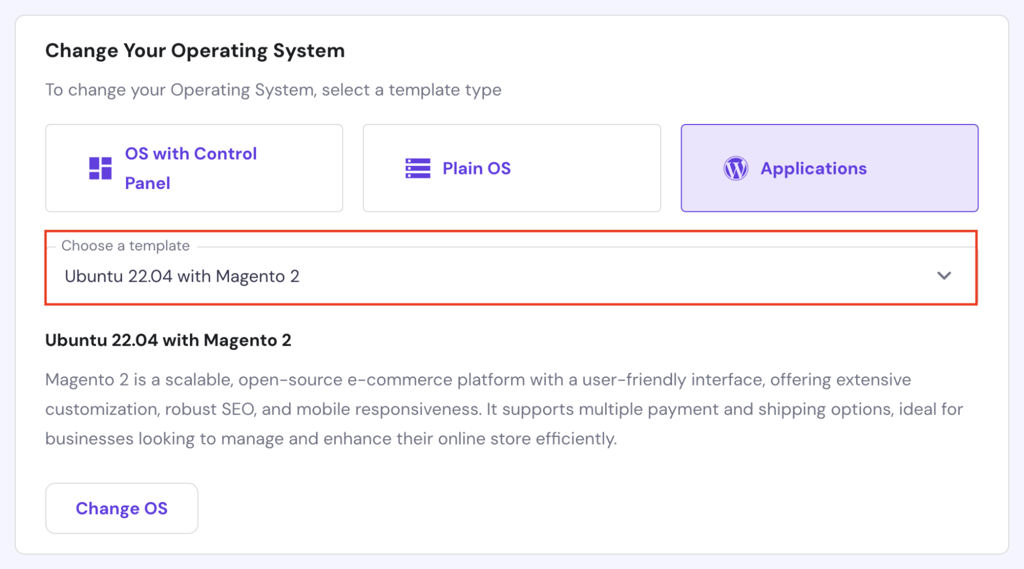 The Ubuntu 22.04 with Magento 2 template on Hostinger's VPS