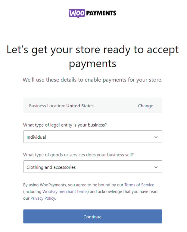WooPayments setup wizard showing a form to input business details