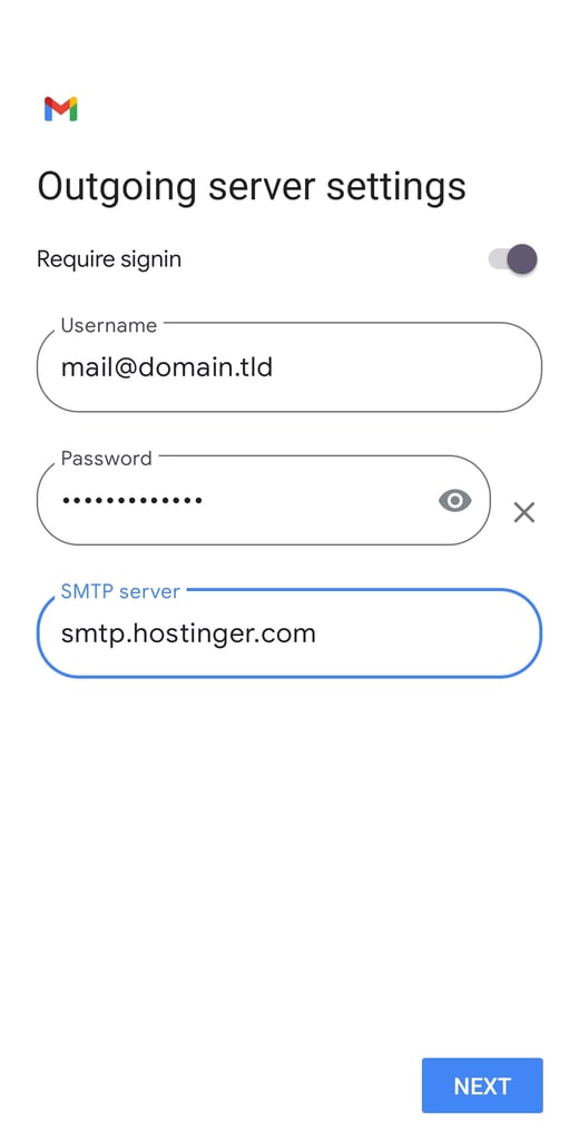 The Outgoing server settings screen on Gmail