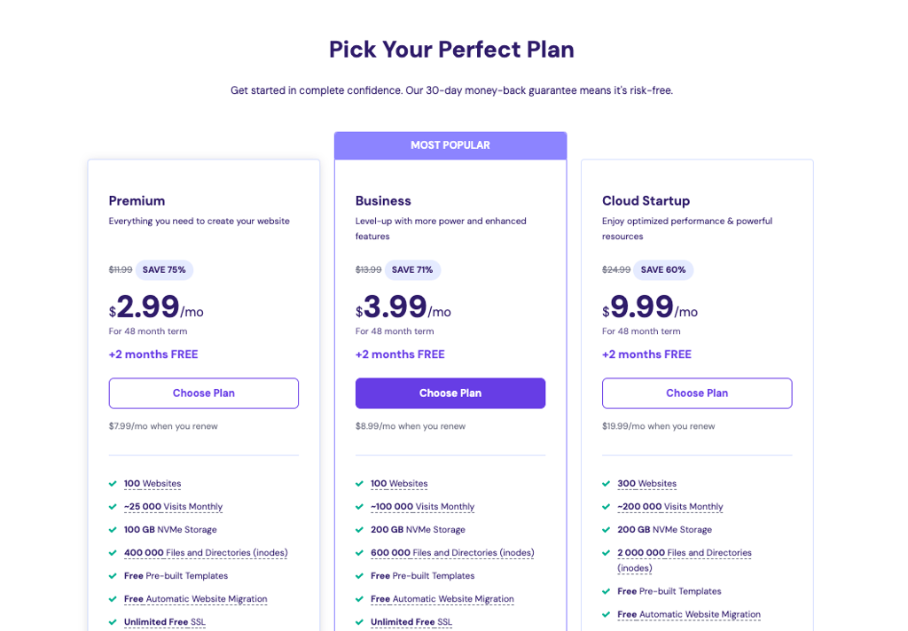 Hostinger's hosting plans with pricing starting at .99/month