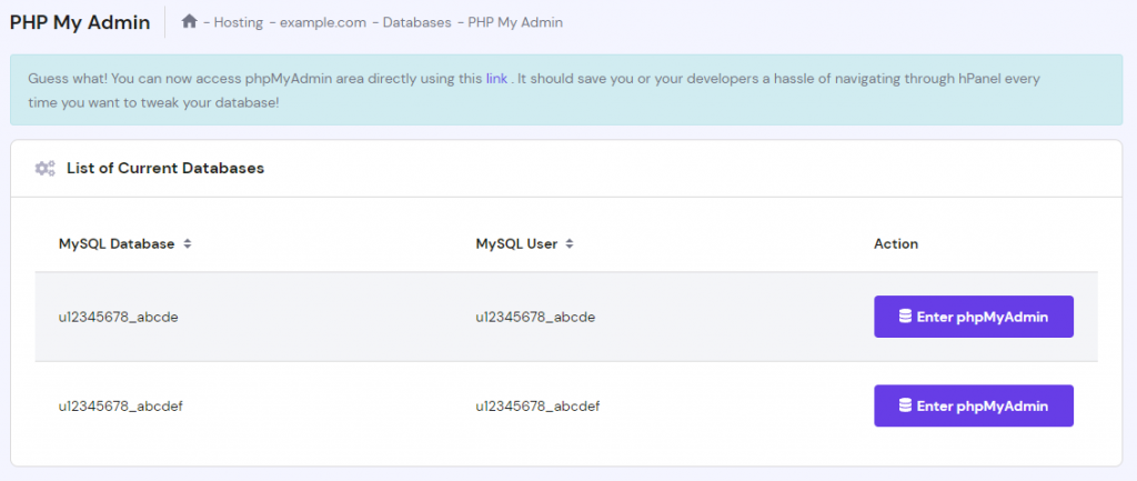 phpMyAdmin database closeup