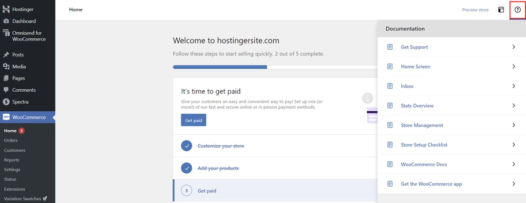 WooCommerce dashboard, highlighting the icon to access documentation